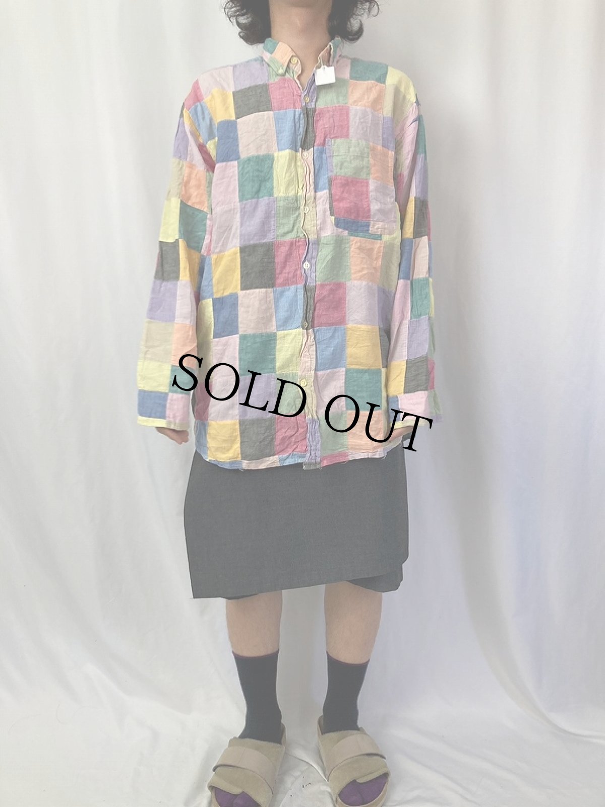 画像2: 90's ORVIS パッチワークデザイン ボタンダウンコットンシャツ L (2)