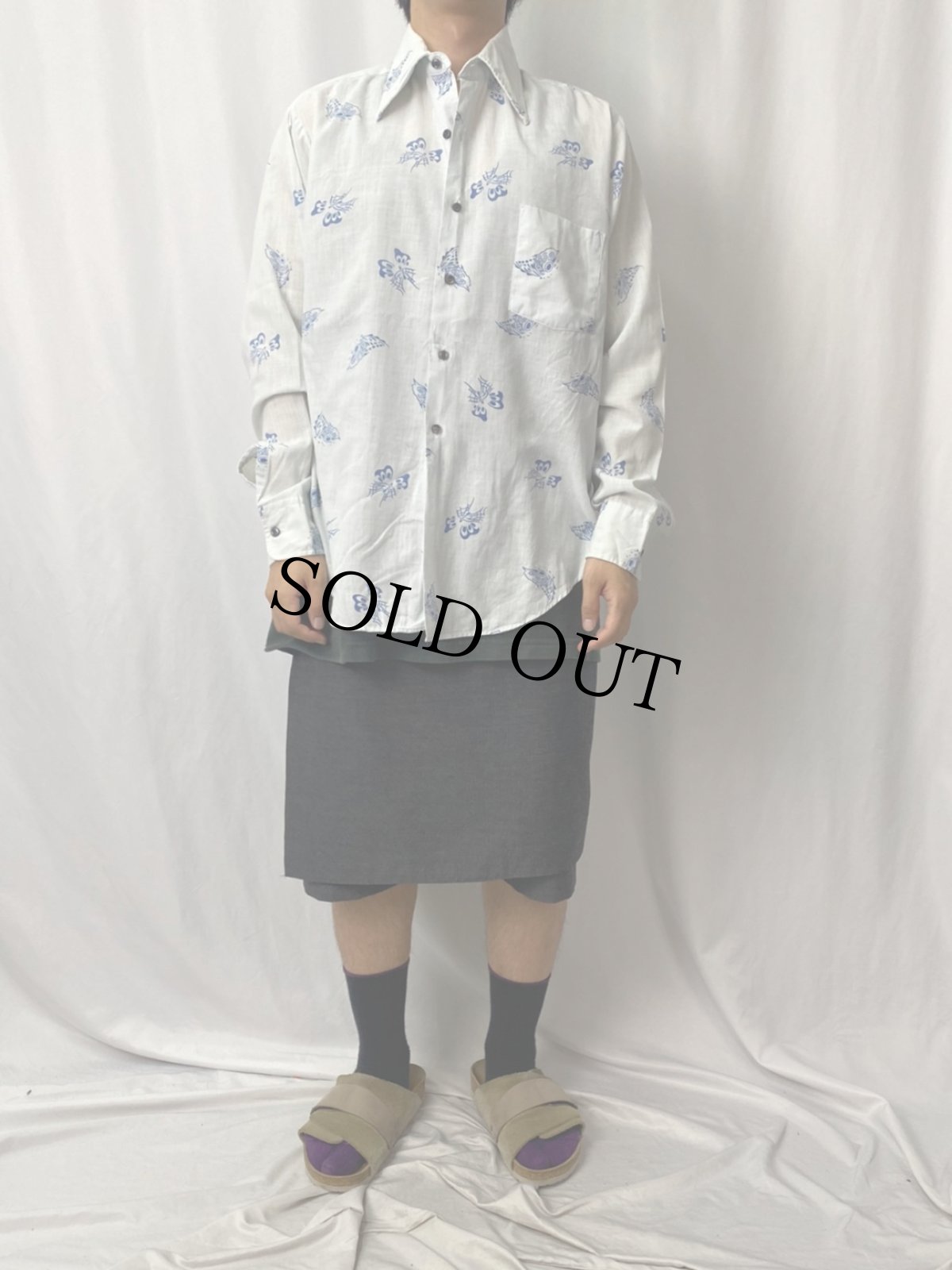 画像2: 70's Darwin 蝶柄 コットンポリシャツ L (2)