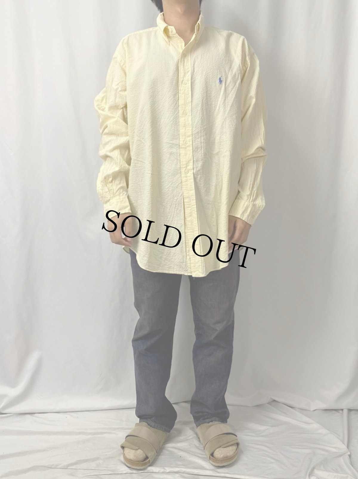 画像2: Ralph Lauren "CLASSIC FIT" ストライプ柄 シアサッカーボタンダウンシャツ M (2)