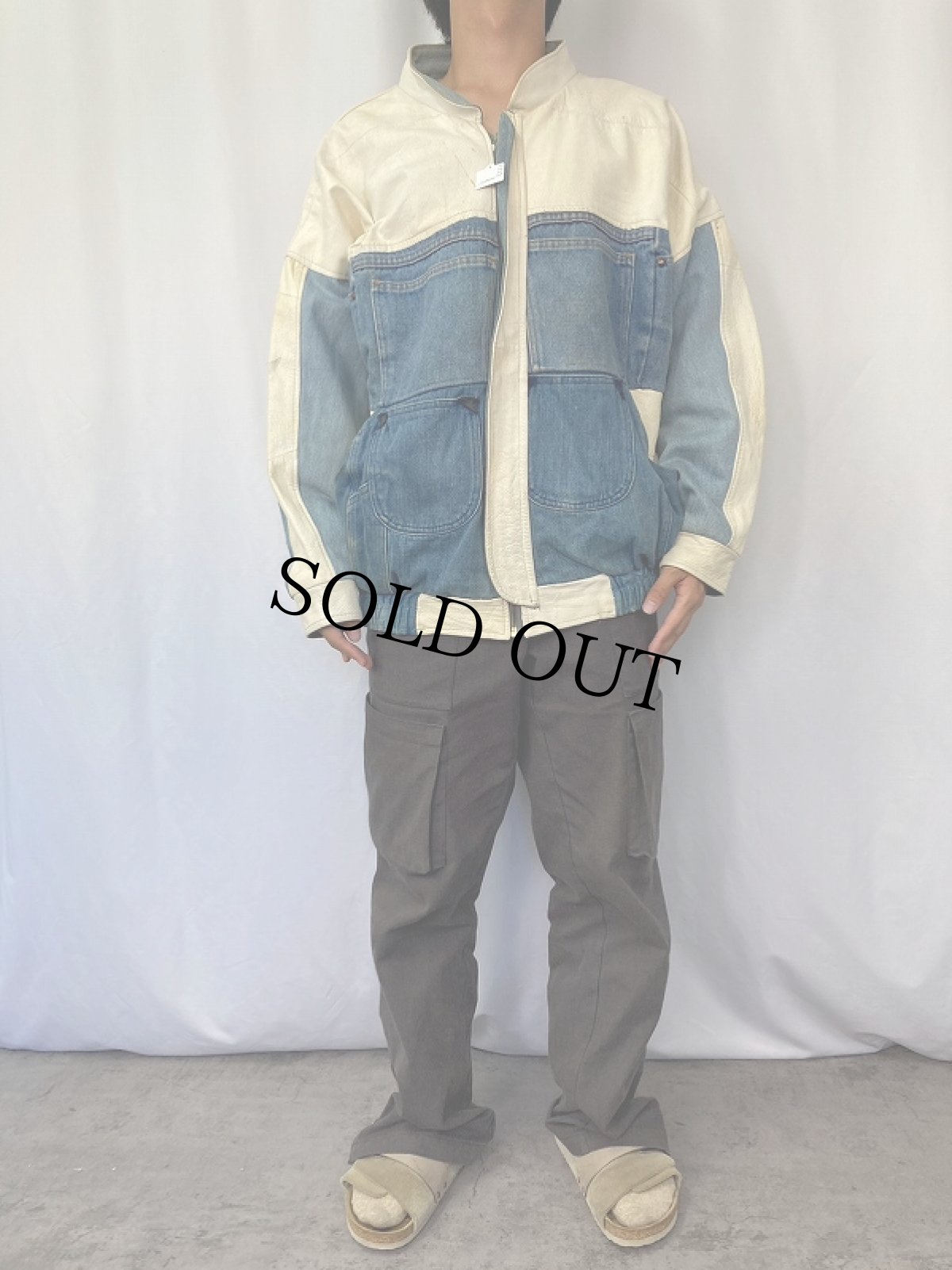 画像2: レザー×デニム パッチワークジップジャケット (2)