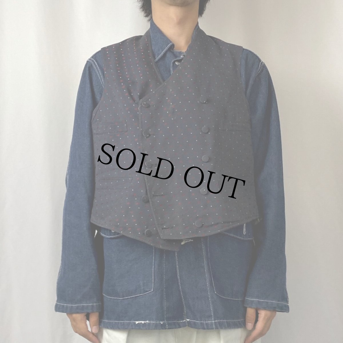 画像2: 40's〜 総柄 針刺しシンチバック ダブルブレストベスト NAVY (2)
