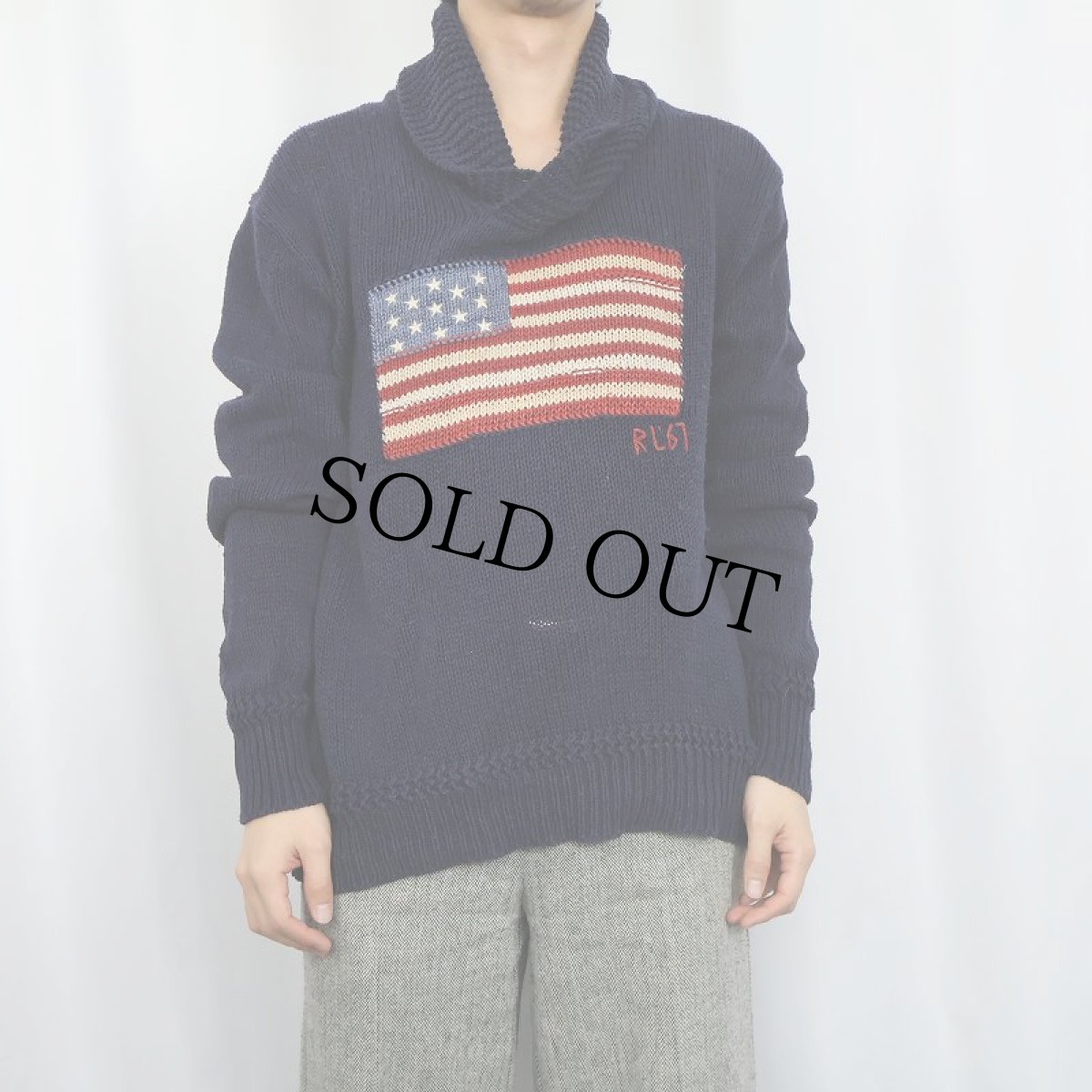 画像2: POLO Ralph Lauren リネン×コットン×シルク 星条旗柄 ショールカラーニットセーター L (2)