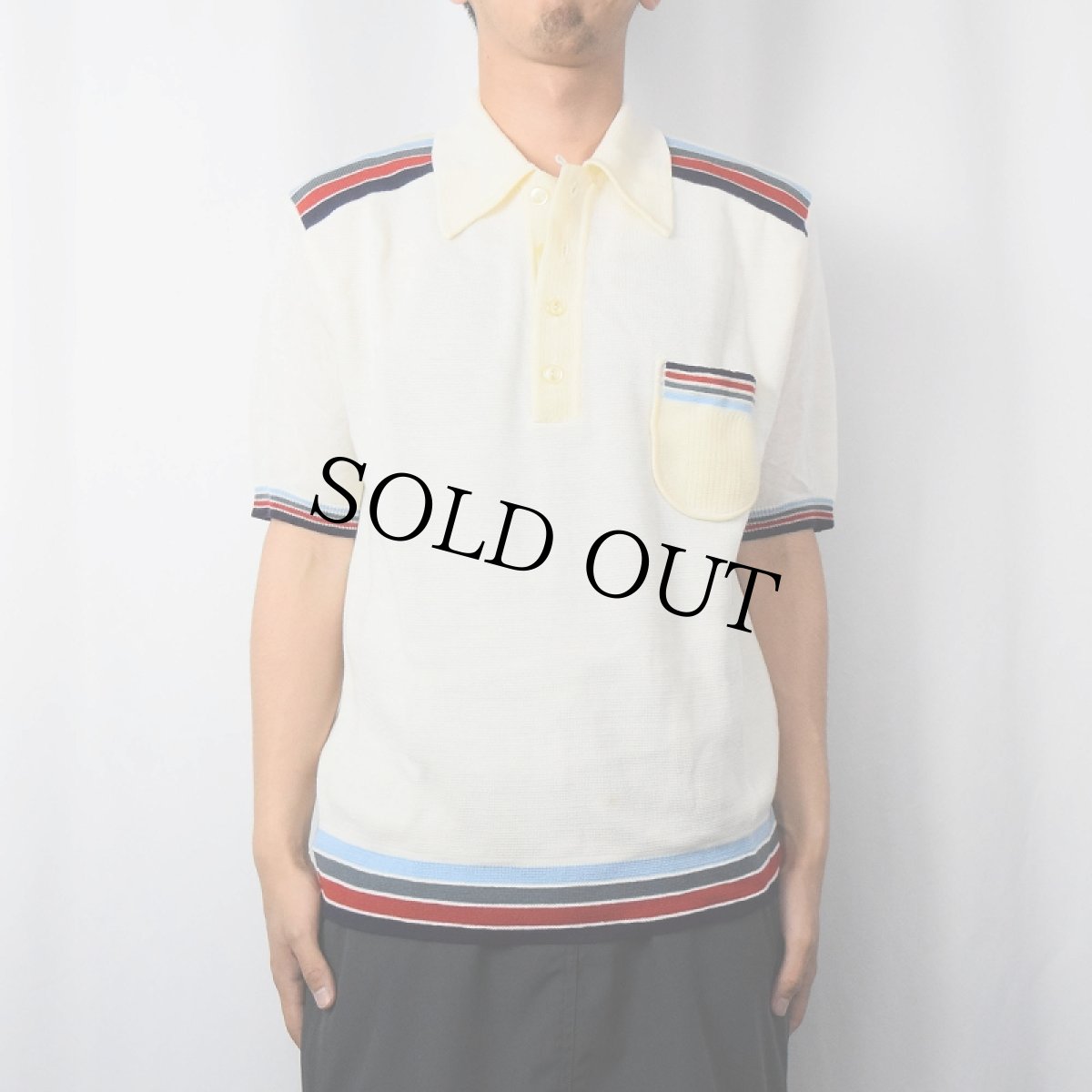 画像2: 70's JC Penney KOREA製 ボーダー柄 アクリルニットポロシャツ L (2)