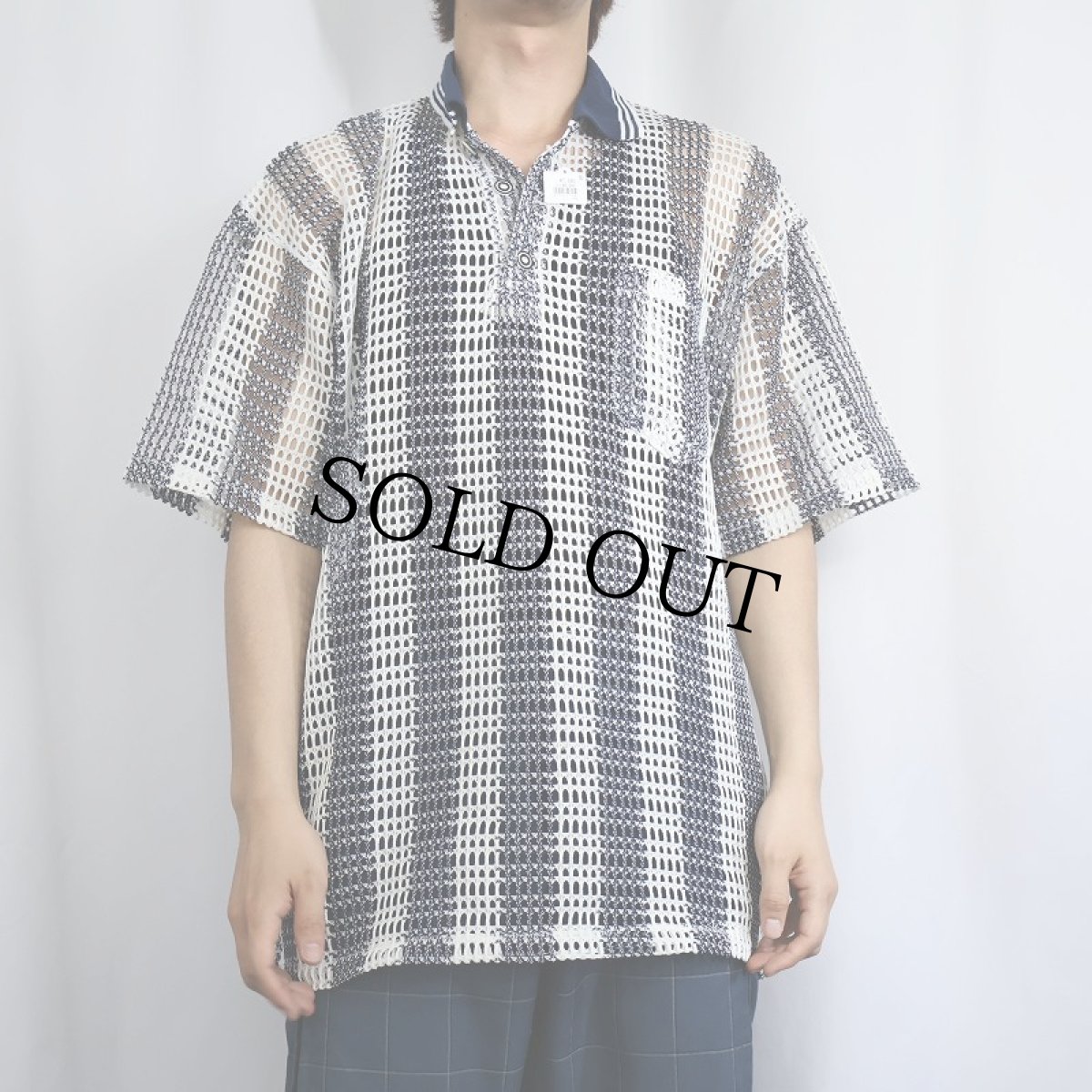 画像2: ストライプ柄 メッシュポロシャツ XL (2)