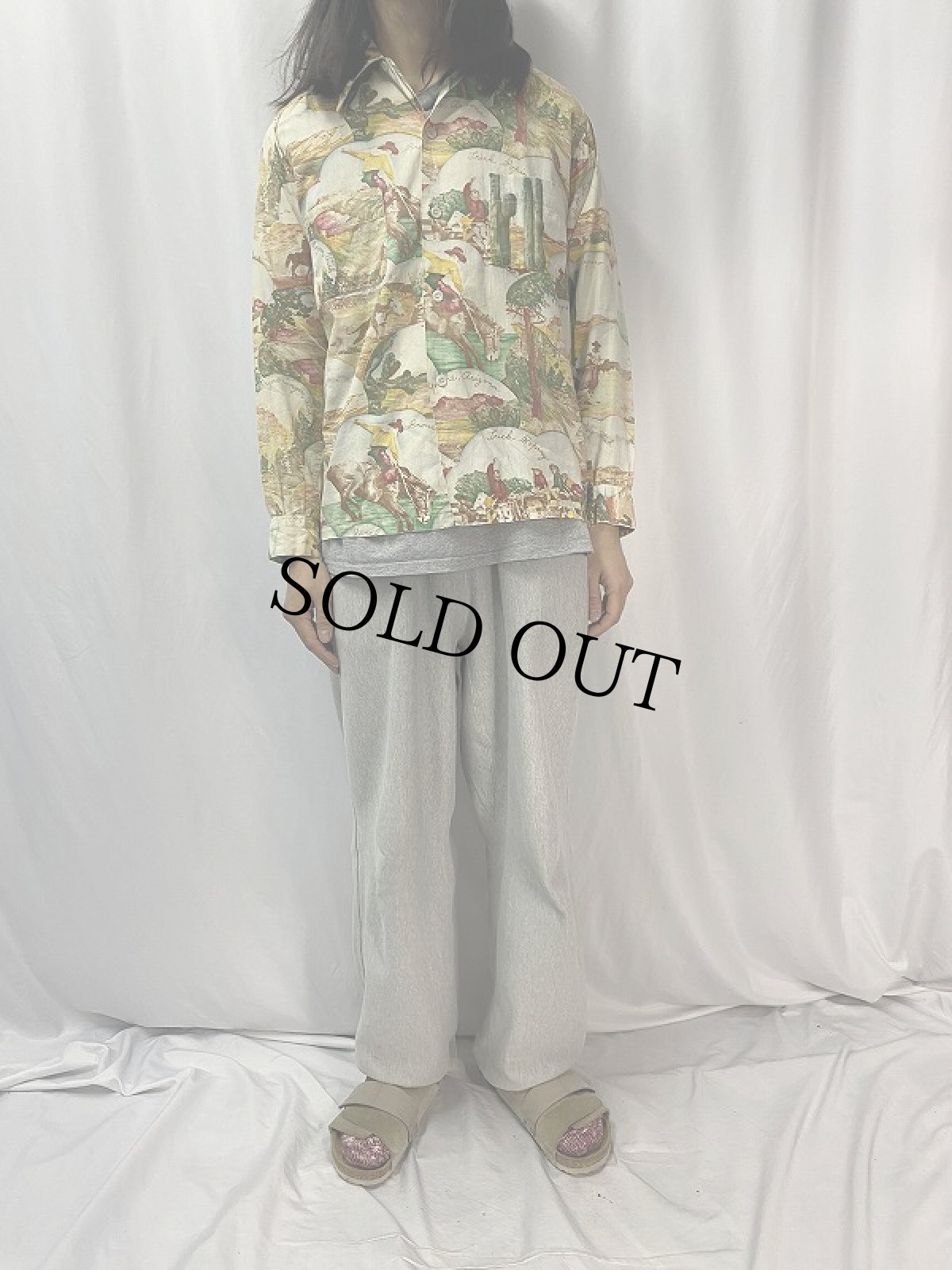 画像6: 50's TERRAS CLUB sportswear ピクチャープリント コットンハワイアンシャツ M (6)