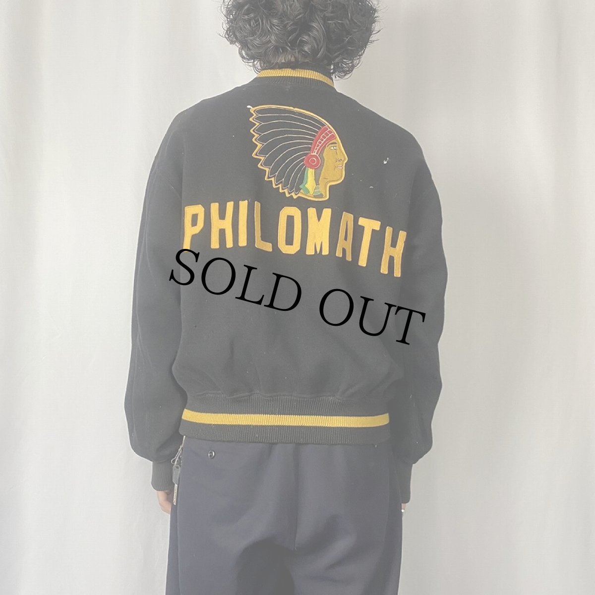画像4: 50's Wilson USA製 "PHILOMATH" インディアンヘッド メルトンウールスタジャン BLACK SIZE40 (4)