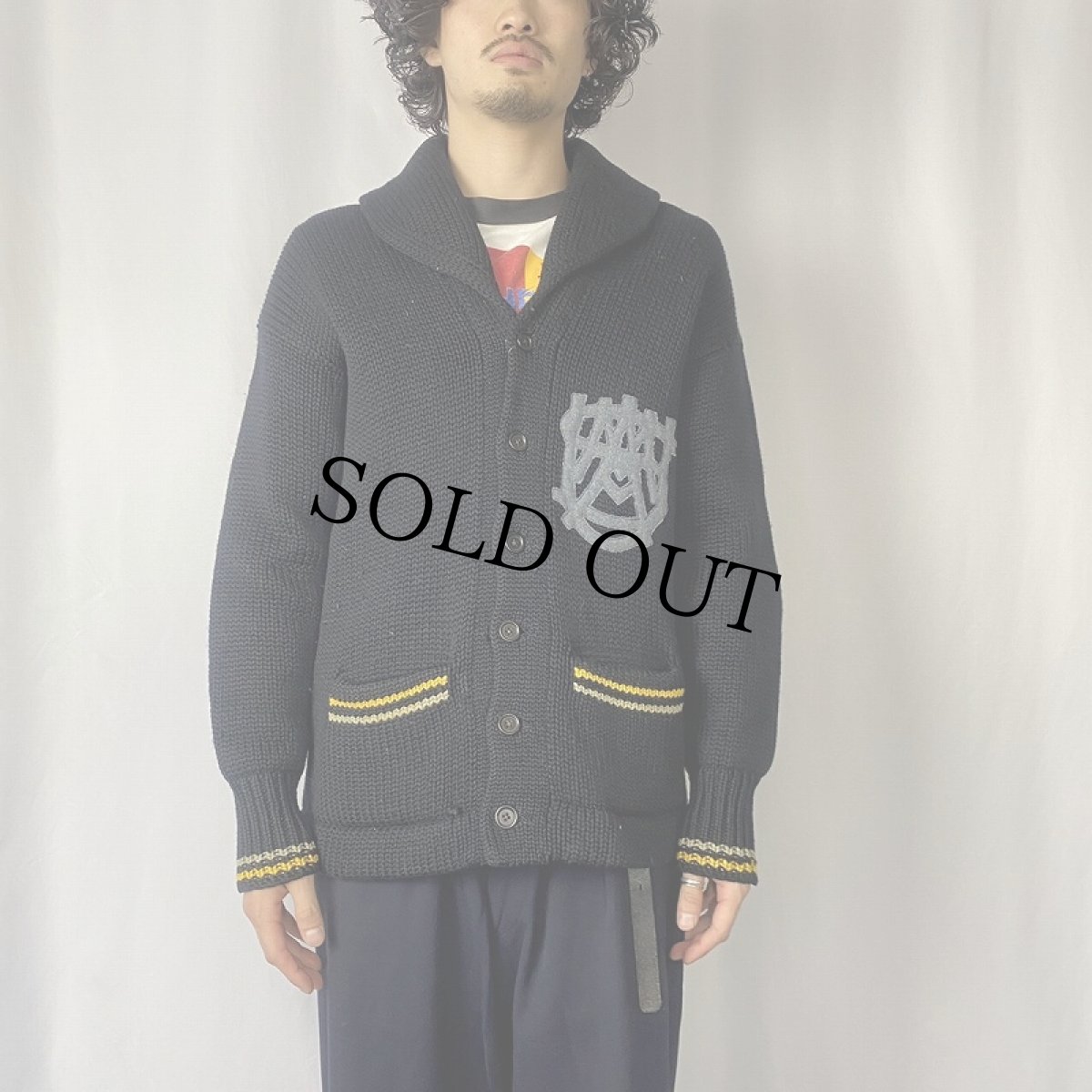 画像2: 30's USMA "WEST POINT" ショールカラー カデットニットカーディガン BLACK   (2)
