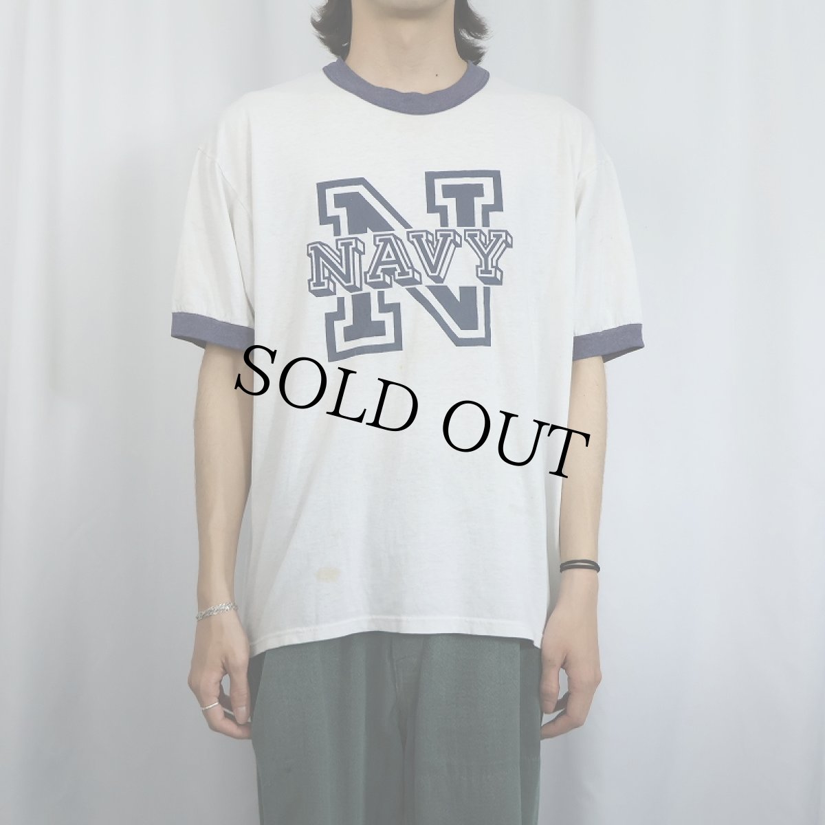 画像2: 80〜90's SOFFE USA製 "NAVY" プリントリンガーTシャツ XL (2)
