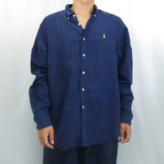 画像2: Ralph Lauren "CLASSIC FIT" リネン×シルク ボタンダウンシャツ NAVY L (2)