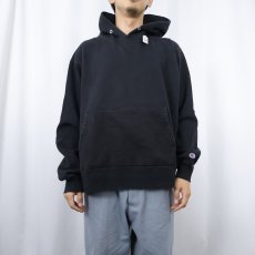 画像2: 90's Champion USA製 青刺繍タグ 後期 前V 目無し スウェットフーディー BLACK XL (2)