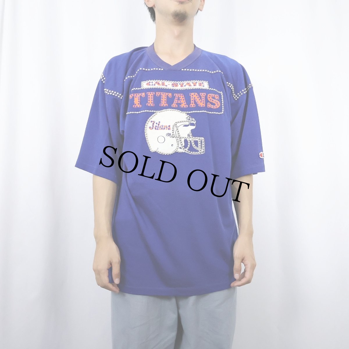 画像3: 80's Champion トリコタグ USA製 "CAL-STATE TITANS" ストーン×スタッズ フットボールTシャツ XL (3)