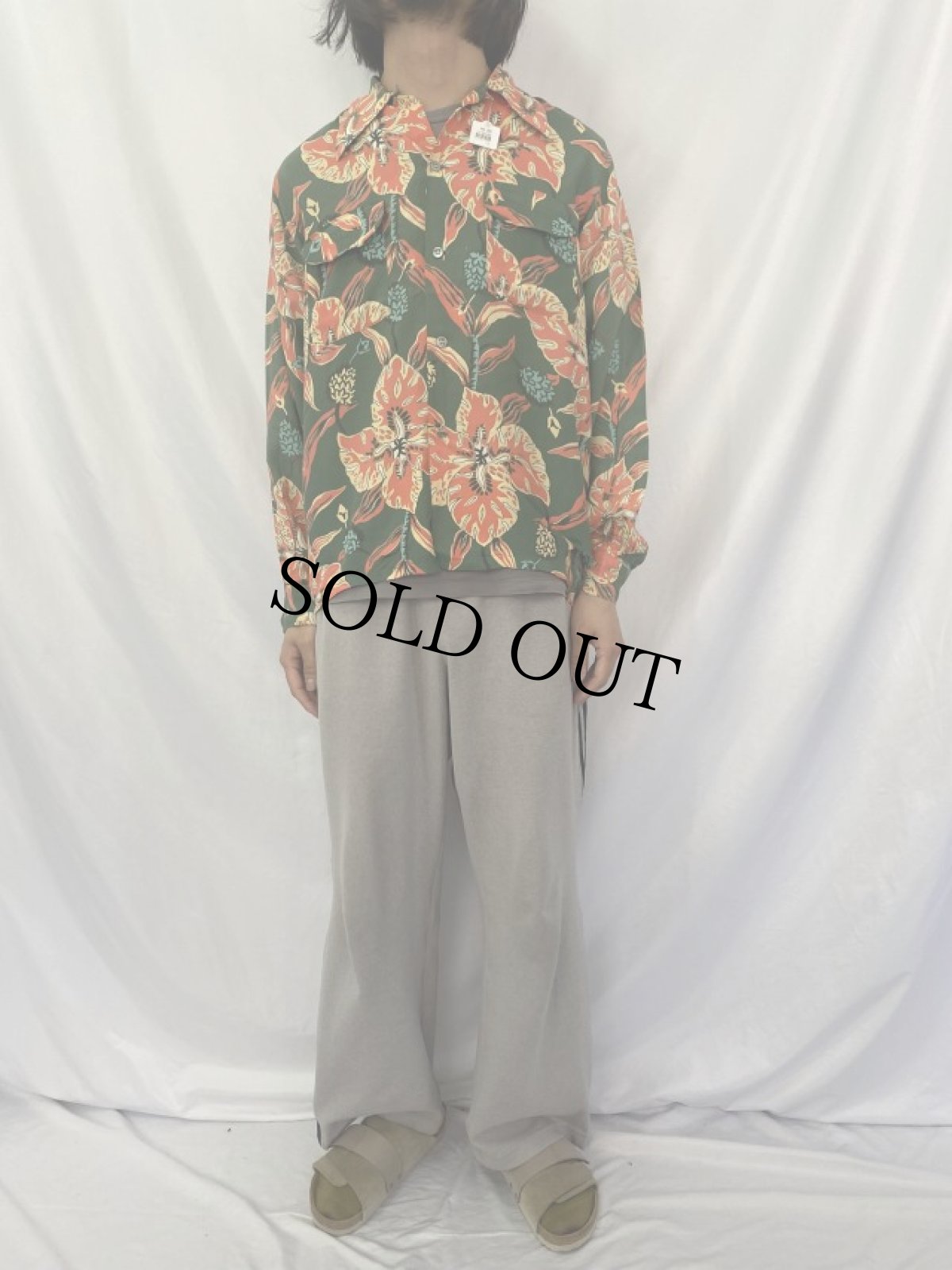 画像2: 40〜50's SPORTSWEAR by MacLAREN モンステラ柄 長袖アロハシャツ M (2)