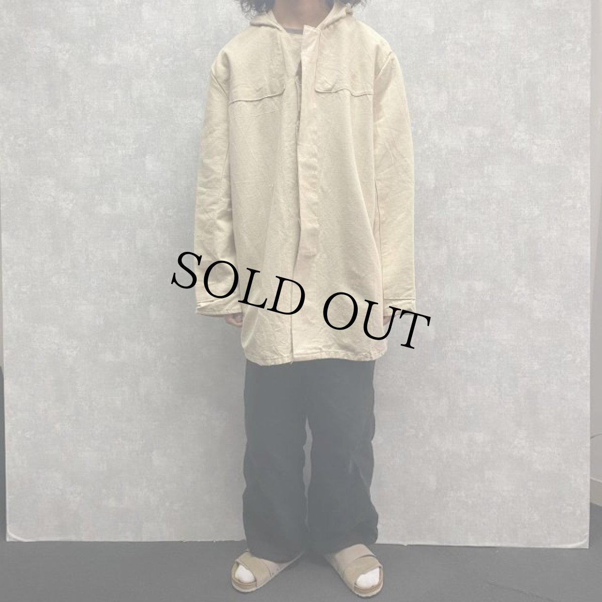 画像2: 80's EURO コットンリネンダック フーデッドワークコート 58 (2)