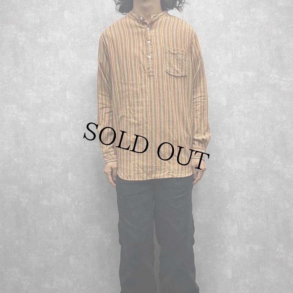 画像2: sahalie ストライプ柄 バンドカラーグランパシャツ L (2)