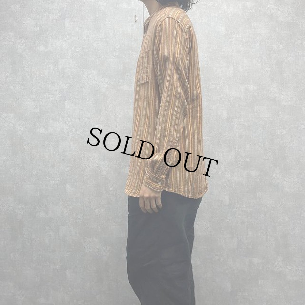 画像3: sahalie ストライプ柄 バンドカラーグランパシャツ L (3)