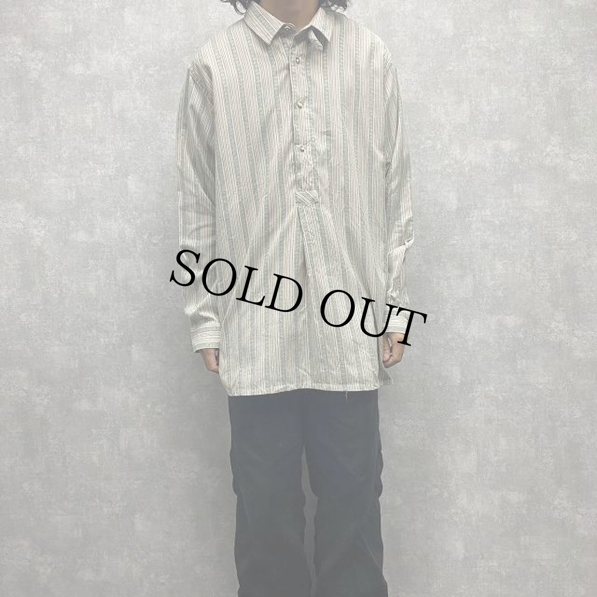 画像2: Almsach ストライプ柄 チンスト付き グランパシャツ XXL (2)