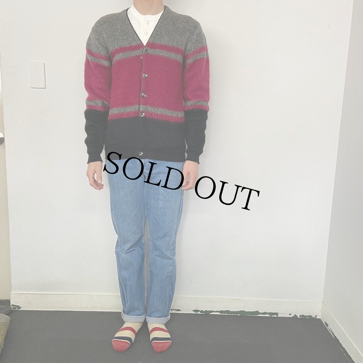 画像2: 60's ボーダー柄 モヘアニットカーディガン (2)