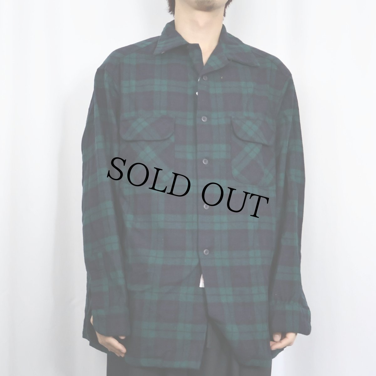 画像2: 70's PENDLETON USA製 ブラックウォッチチェック柄 ウールオープンカラーシャツ 1X (2)