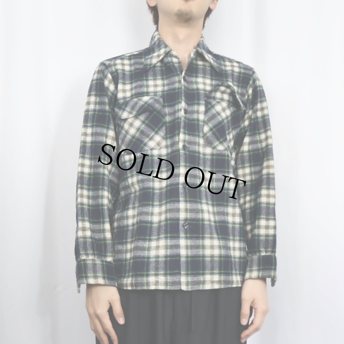 画像2: 70's PENDLETON USA製 チェック柄 ウールオープンカラーシャツ M (2)