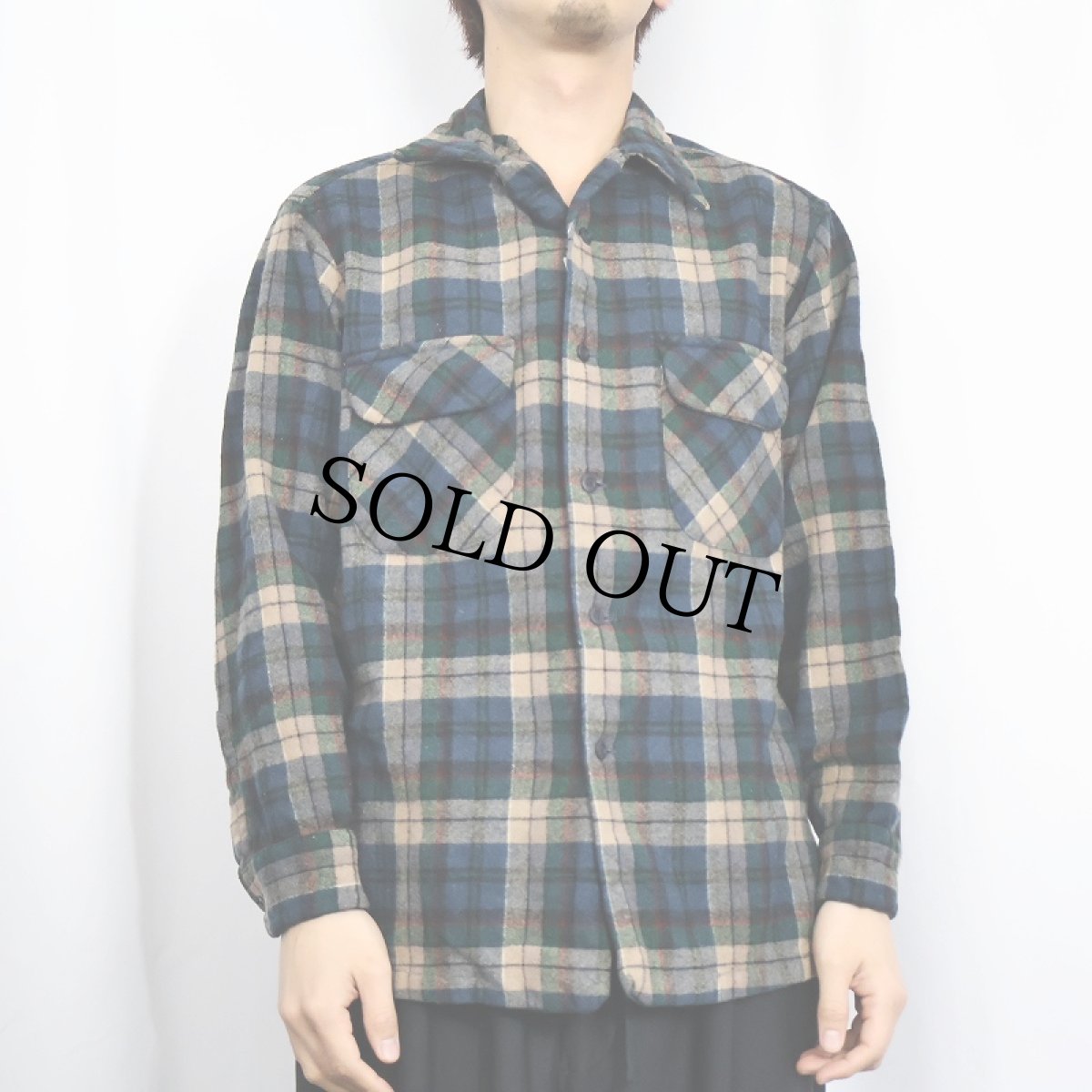 画像2: 70's PENDLETON USA製 チェック柄 ウールオープンカラーシャツ L (2)