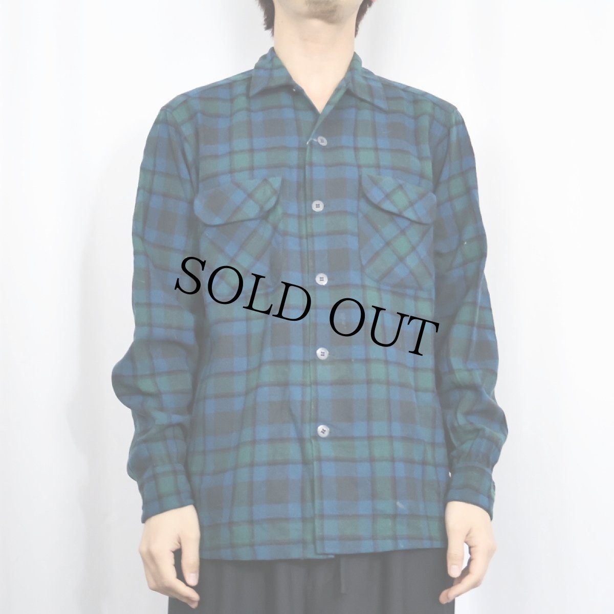 画像2: 60's PENDLETON チェック柄 ウールオープンカラーシャツ M (2)