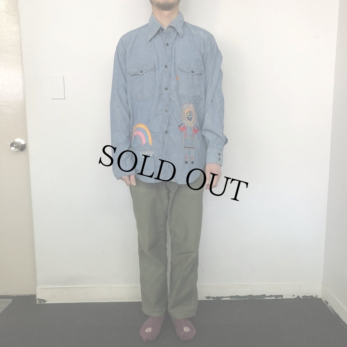 画像2: 70's Levi's サンフェイスチェーン刺繍 シャンブレーシャツ XL (2)