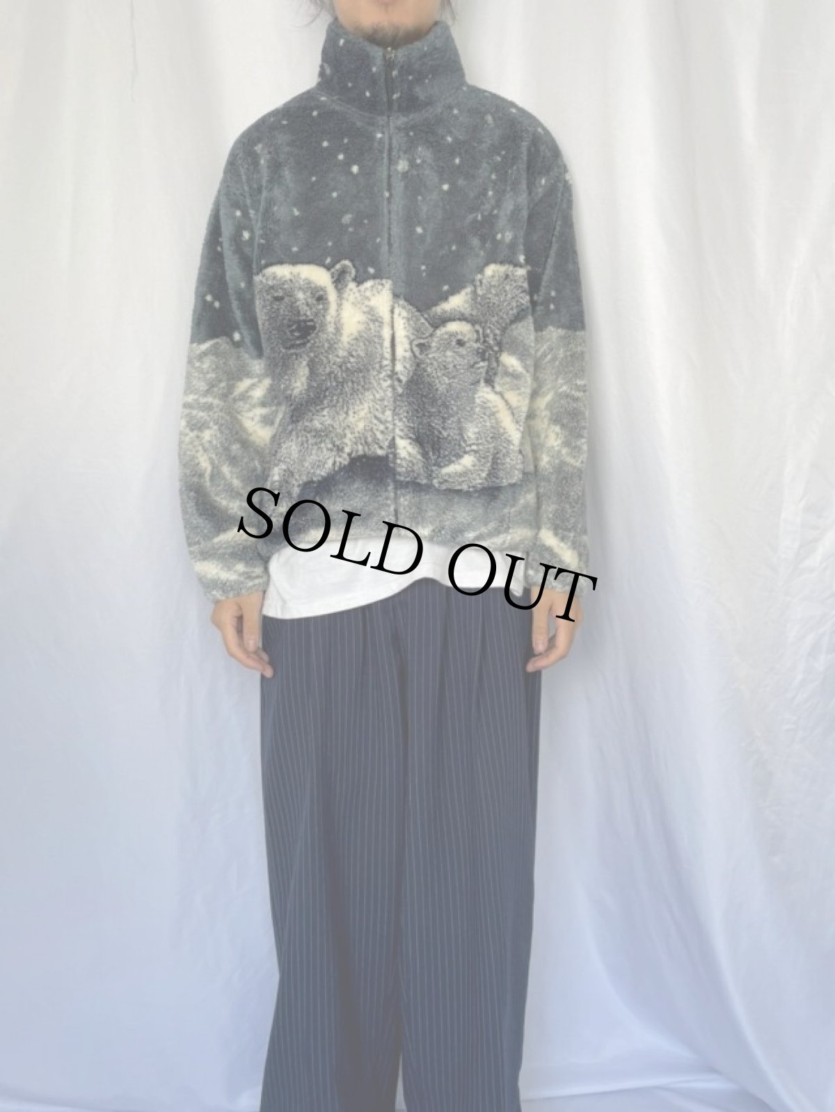 画像2: BLACK MOUNTAIN USA製 クマ柄 フリースジャケット L (2)