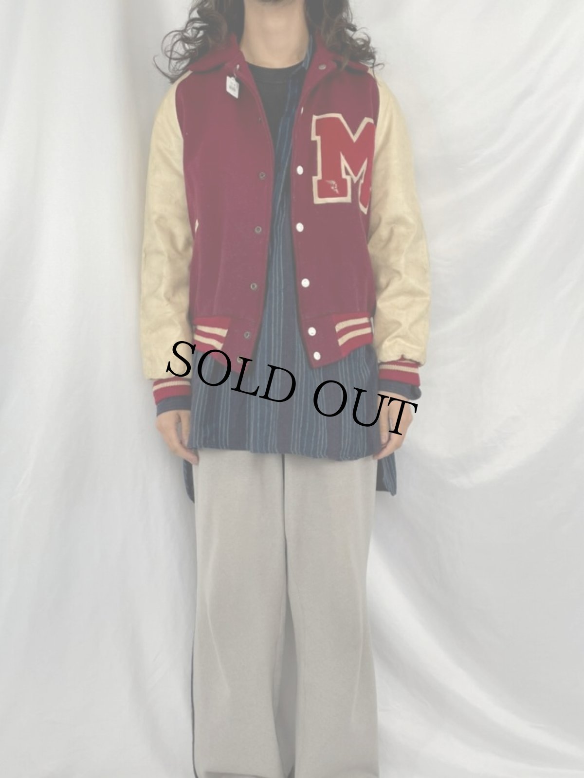 画像2: 60〜70's 襟付き ウイングフットワッペン付き レザー×ウールスタジャン (2)