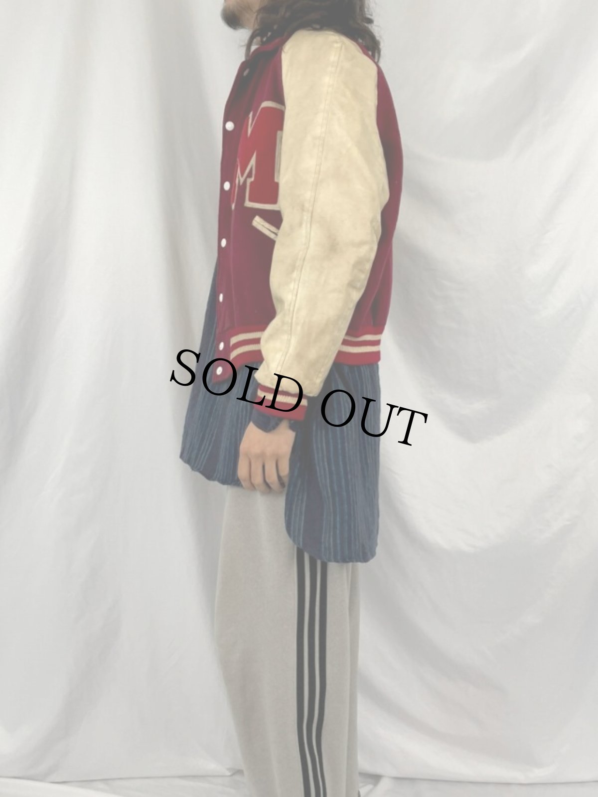 画像3: 60〜70's 襟付き ウイングフットワッペン付き レザー×ウールスタジャン (3)