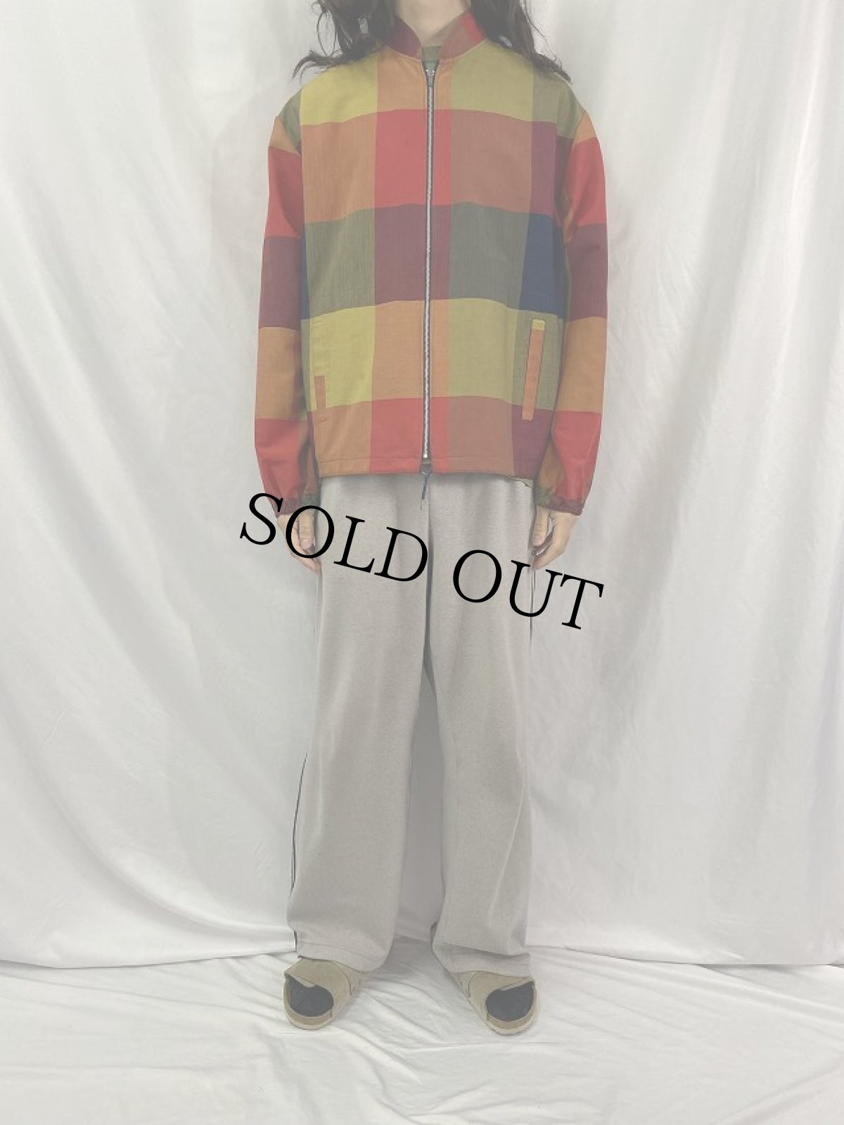 画像2: 60's TOWNCRAFT マルチカラー ブロックチェック柄 スタンドカラージップブルゾン L (2)