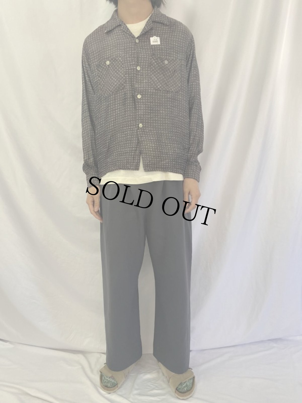 画像2: 60's Dilido Sportswear チェック柄織 オープンカラーレーヨンシャツ L (2)