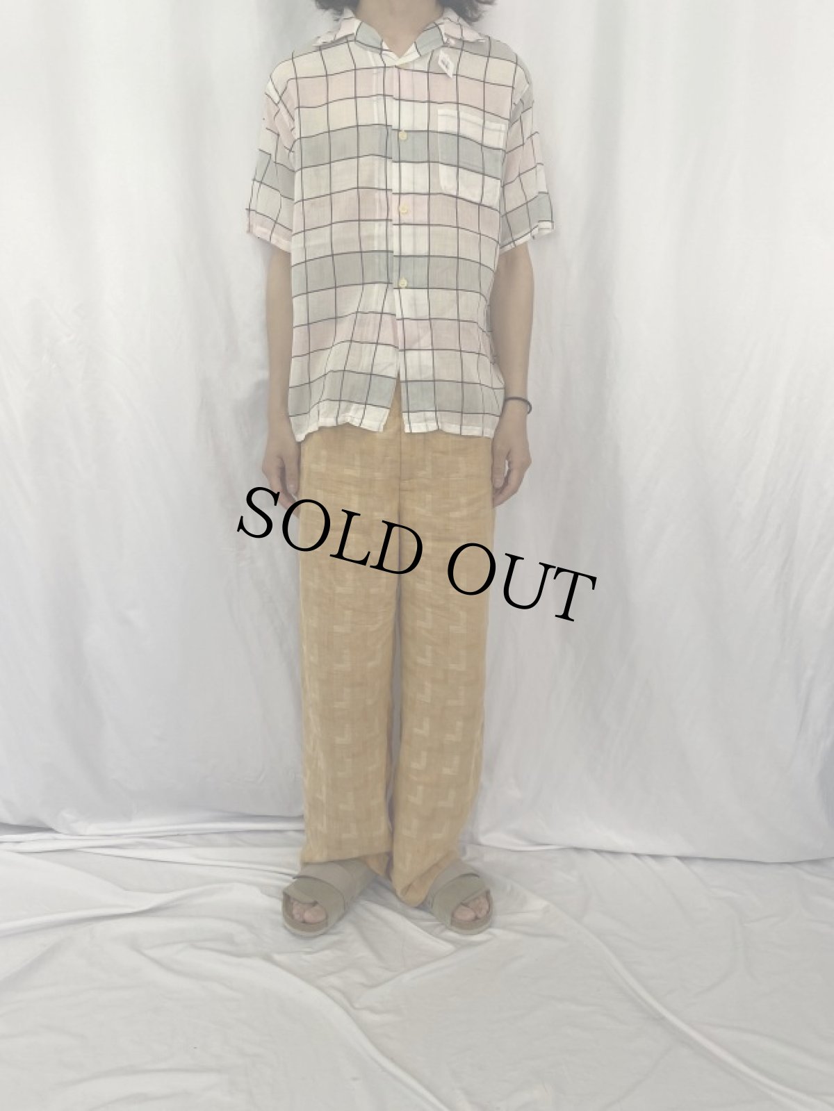 画像2: 60's チェック柄 コットンガーゼ オープンカラーシャツ M (2)