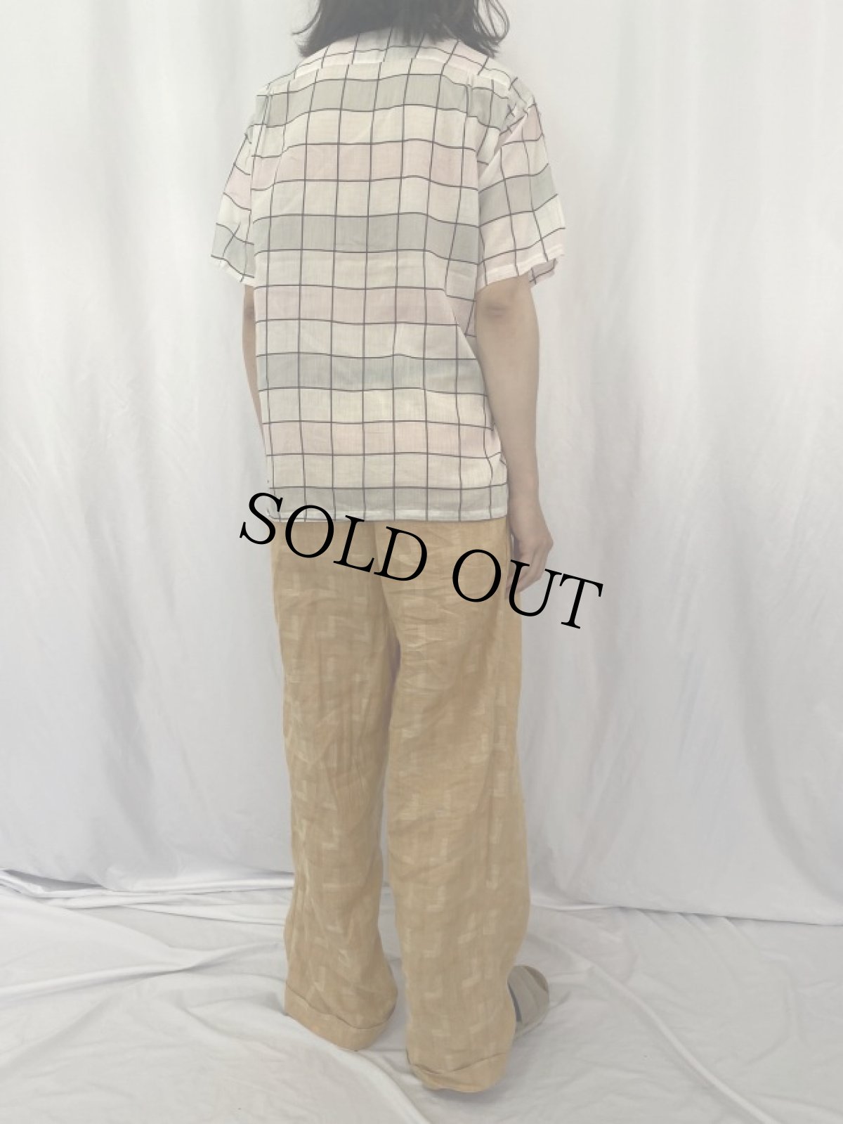 画像4: 60's チェック柄 コットンガーゼ オープンカラーシャツ M (4)