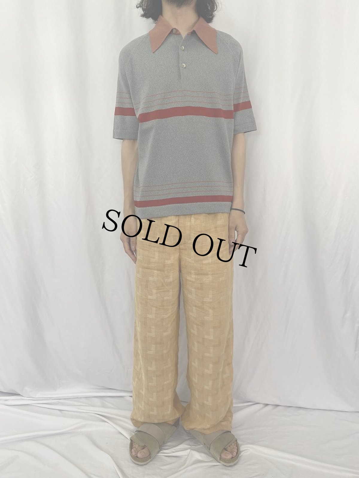 画像2: 70〜80's VAN HEUSEN COLESETA ボーダー柄 バンロンポロシャツ L (2)