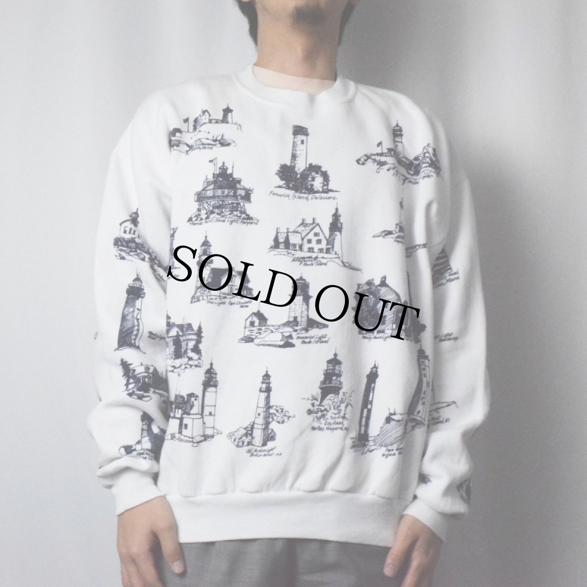 画像2: 90's MICHIGAN RAG CO. USA製 ライトハウス柄 プリントスウェット XL (2)