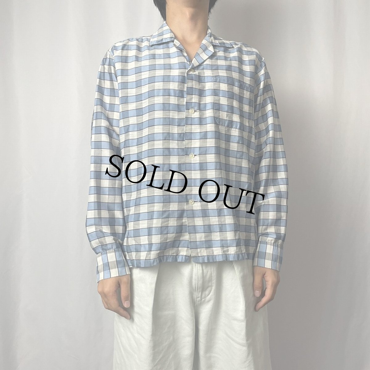 画像2: 60〜70's PILGRIM チェック柄 ダクロン×コットン オープンカラーシャツ M (2)