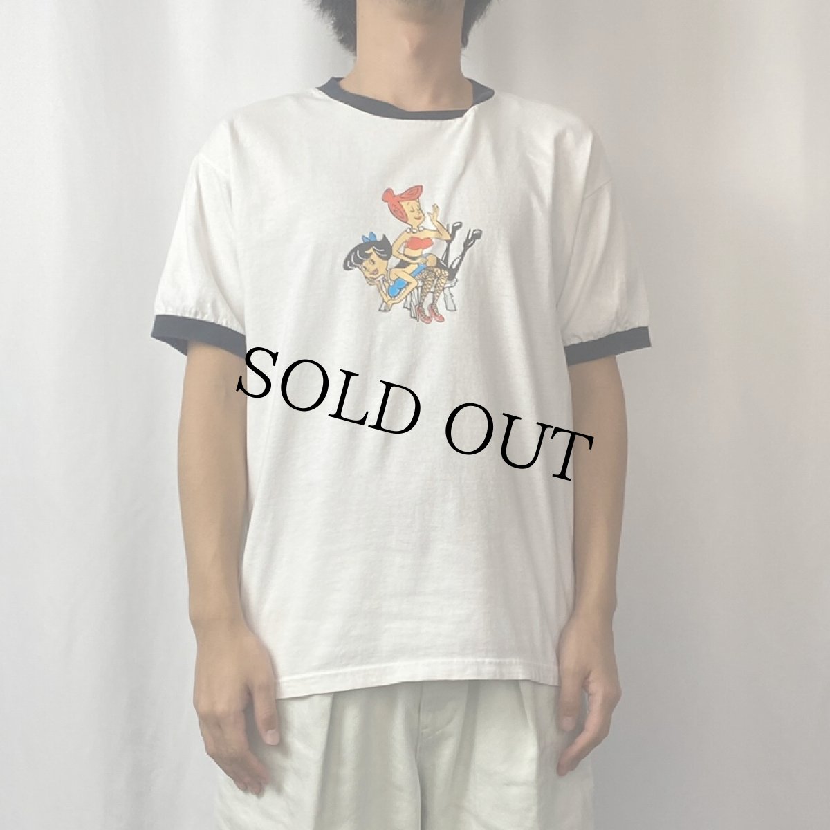 画像2: 2000's キャラクターパロディプリントリンガーTシャツ M (2)