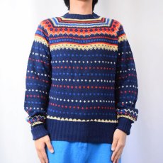 画像2: 50〜60's "HANDMADE IN DENMARK" フェアアイル柄 ハンドメイドウールニットセーター NAVY (2)