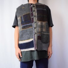 画像2: クレイジーパターン ハンドメイド ウールパッチワークベスト (2)