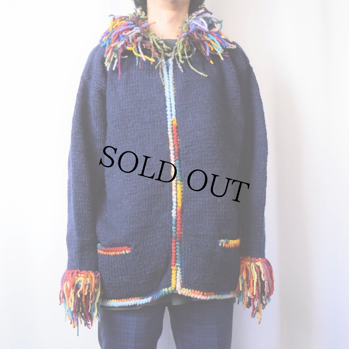 画像2: the Sweater Venture ECUADOR製 ウール×アルパカ フリンジエクアドルニットジャケット NAVY (2)