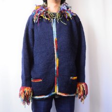 画像2: the Sweater Venture ECUADOR製 ウール×アルパカ フリンジエクアドルニットジャケット NAVY (2)