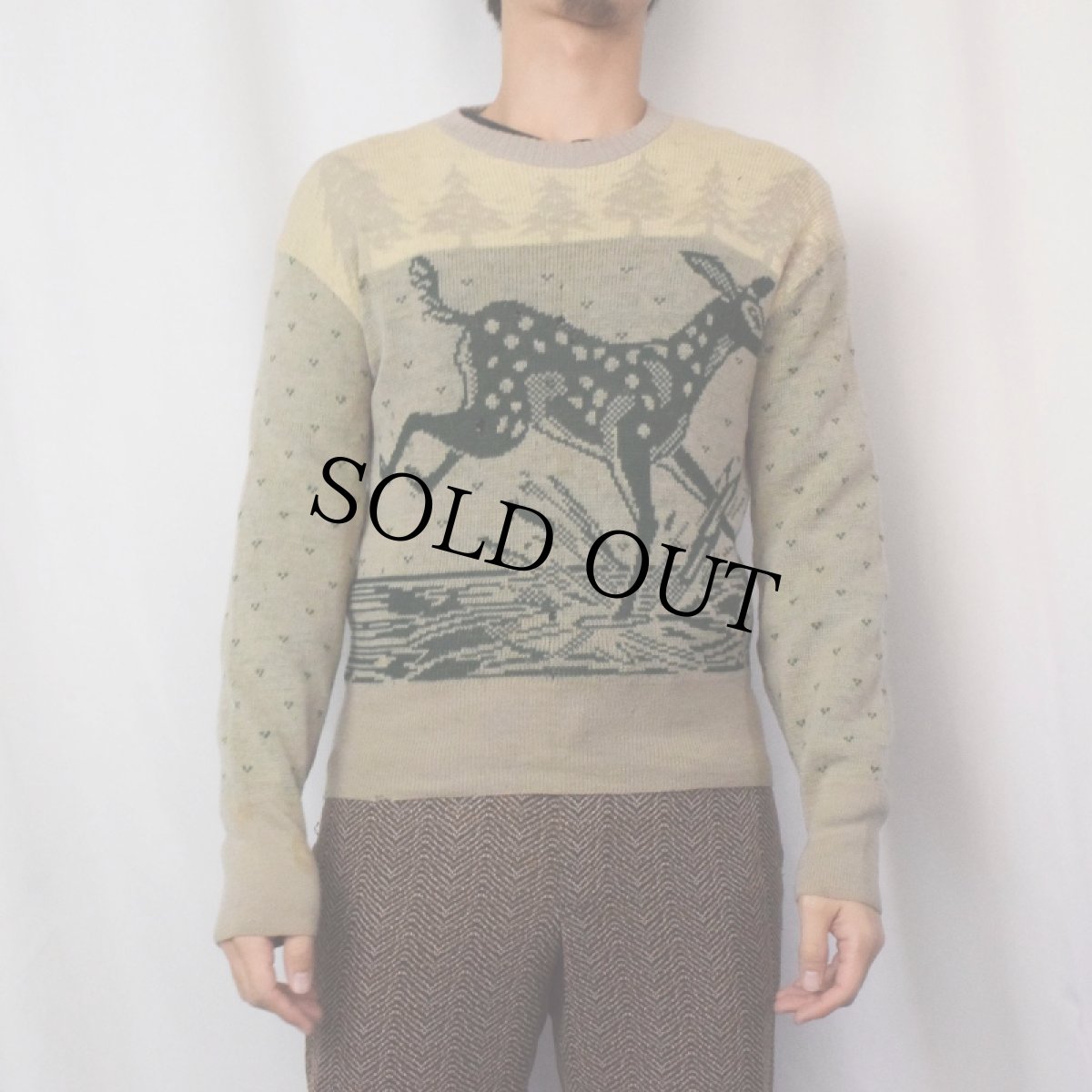 画像2: 40's Pilgrim 鹿柄 ジャガード ウールニットセーター (2)