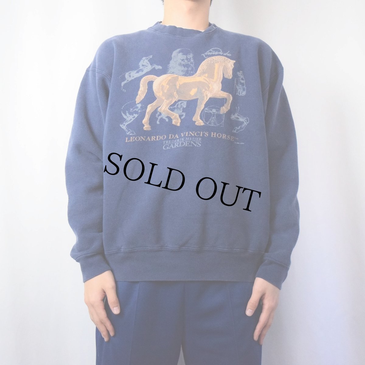 画像2: 90's LEONARDE DA VINCI'S HORSE アートプリントスウェット NAVY XL (2)