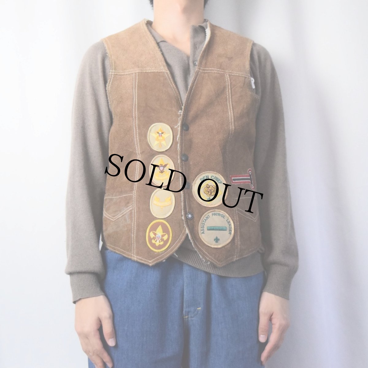 画像3: 90's ワッペン付き 裏ボア スエードレザーベスト (3)