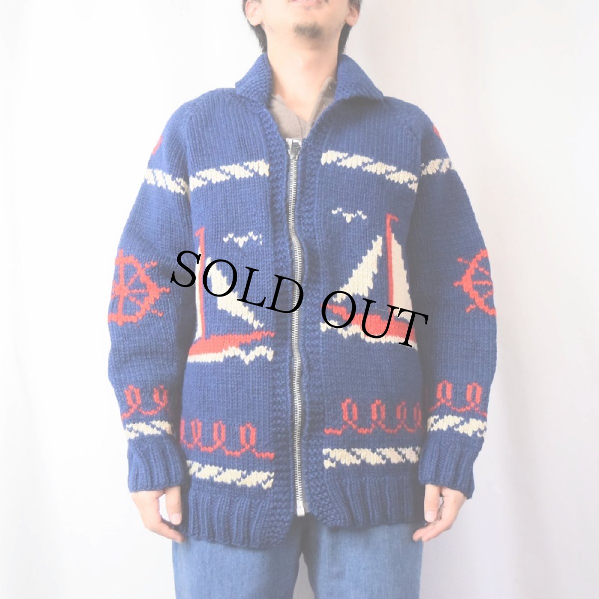 画像3: 60〜70's ヨット柄 ショールカラー カウチンニットジャケット (3)