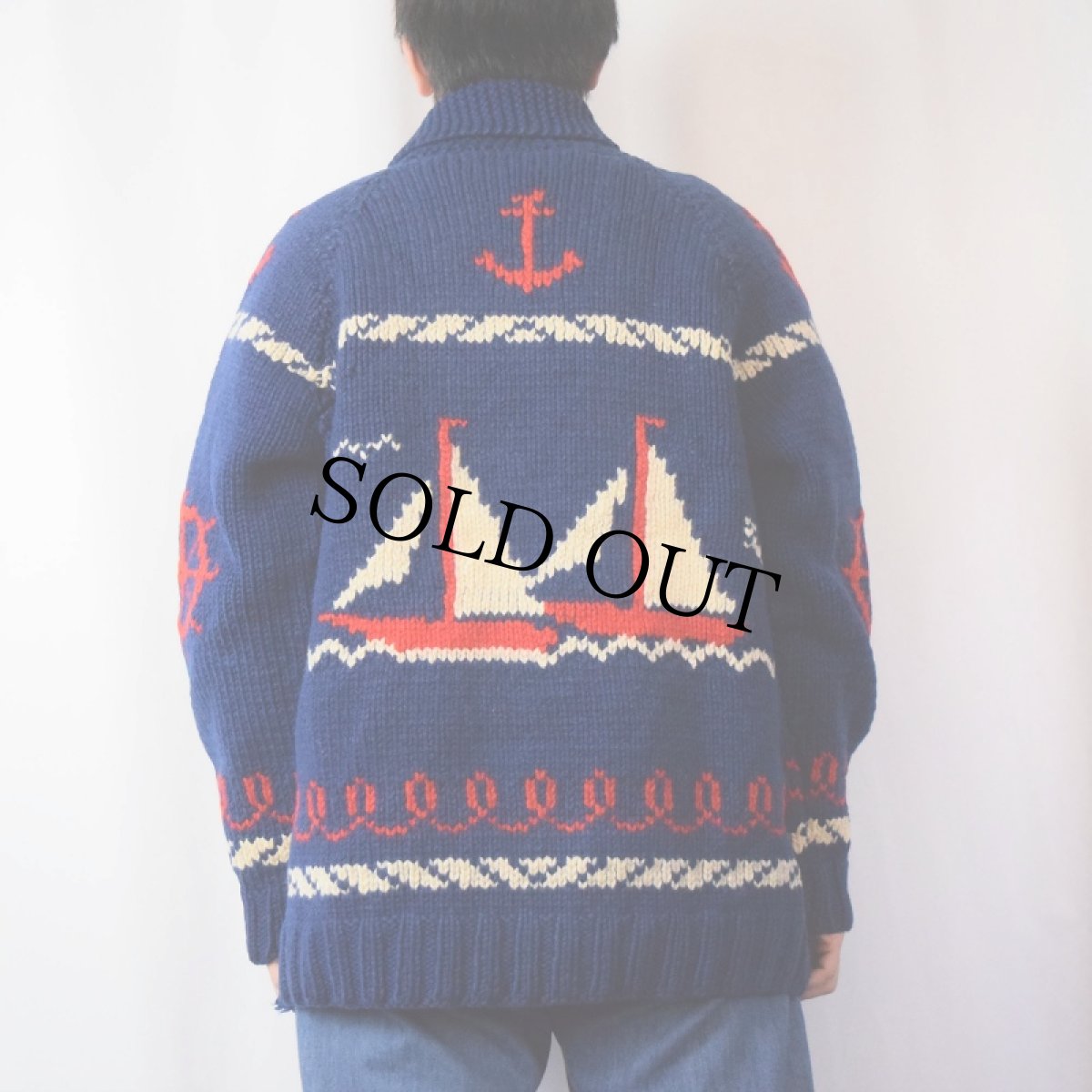 画像4: 60〜70's ヨット柄 ショールカラー カウチンニットジャケット (4)