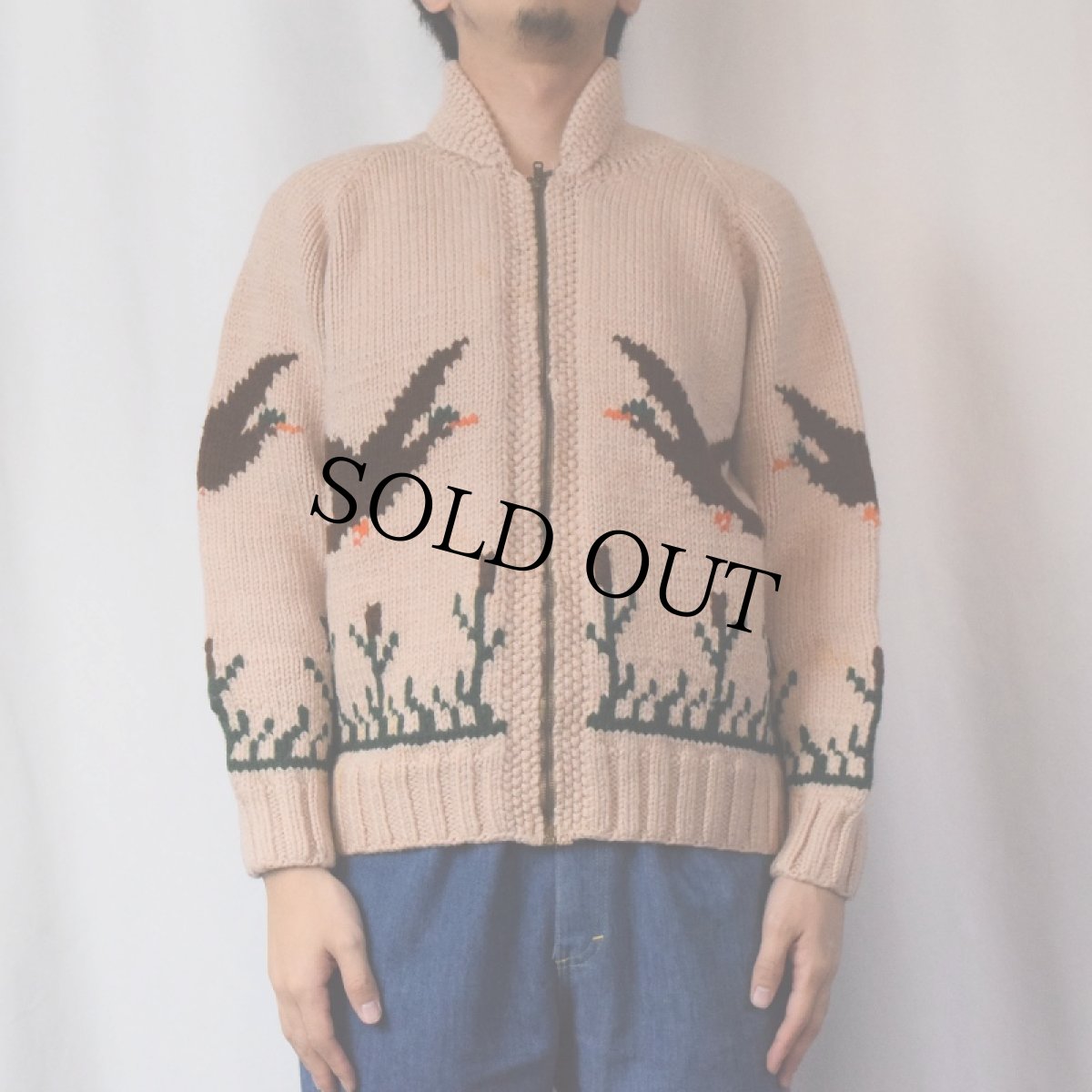 画像3: 60's 鳥柄 ショールカラーカウチンニットジャケット (3)