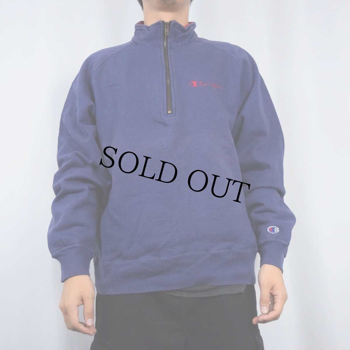 画像2: 90's Champion USA製 ロゴ刺繍 ハーフジップスウェット L (2)