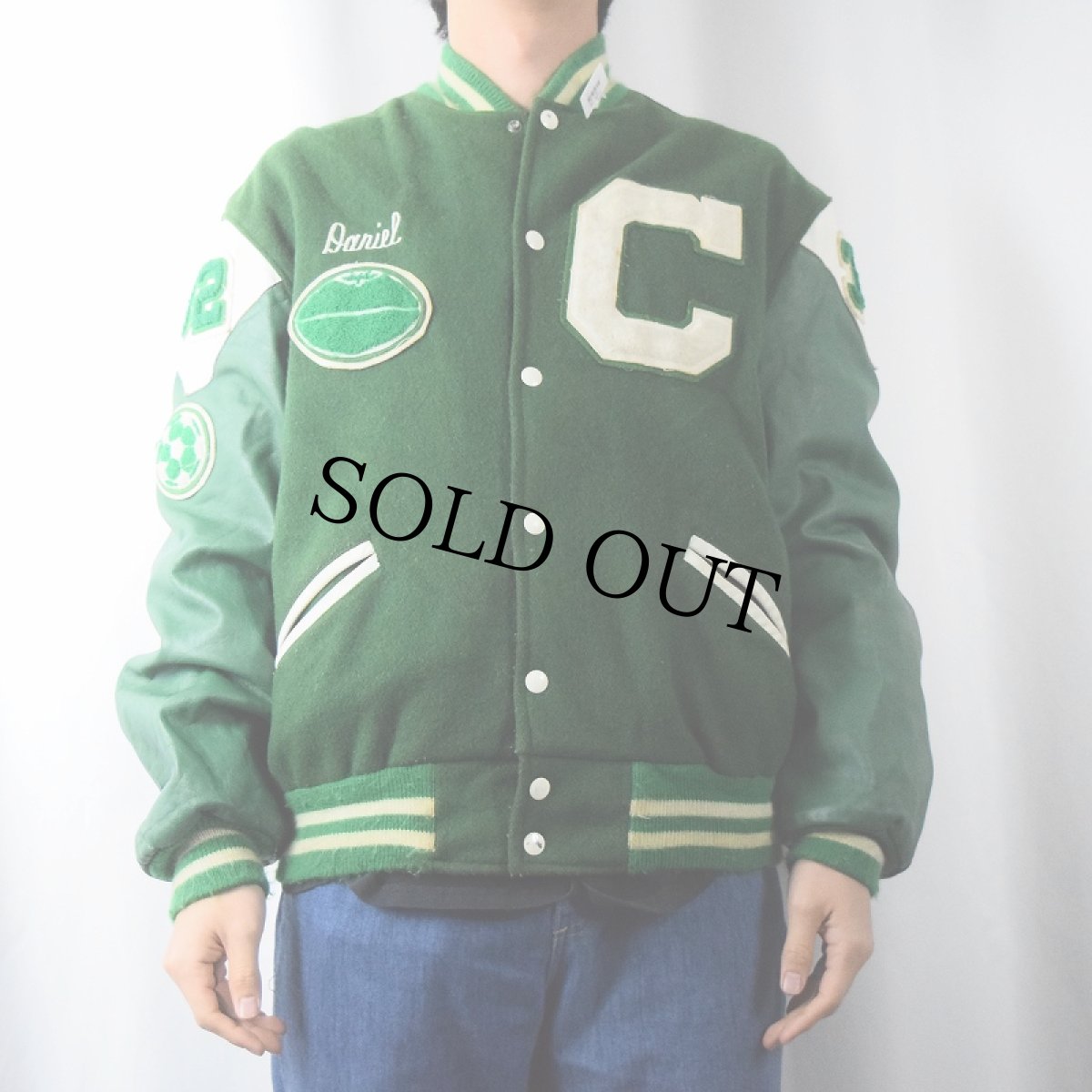 画像3: 80's TROPHY JACKETS USA製 パッチ付き メルトンウール×レザー スタジャン (3)