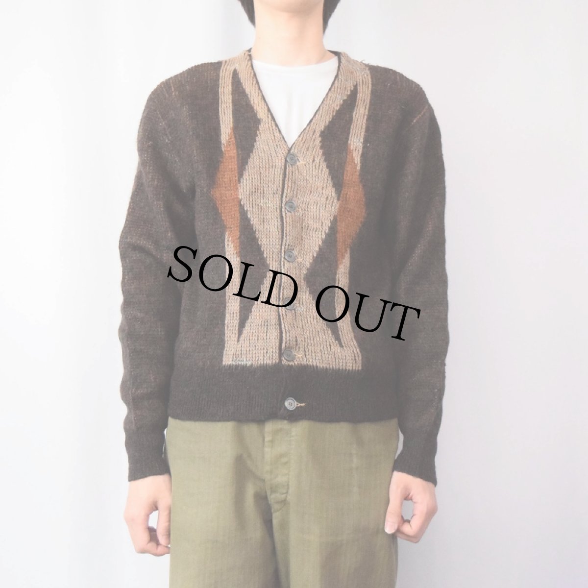 画像2: 60's Manhattan 柄織り ウール×モヘアニットカーディガン S (2)